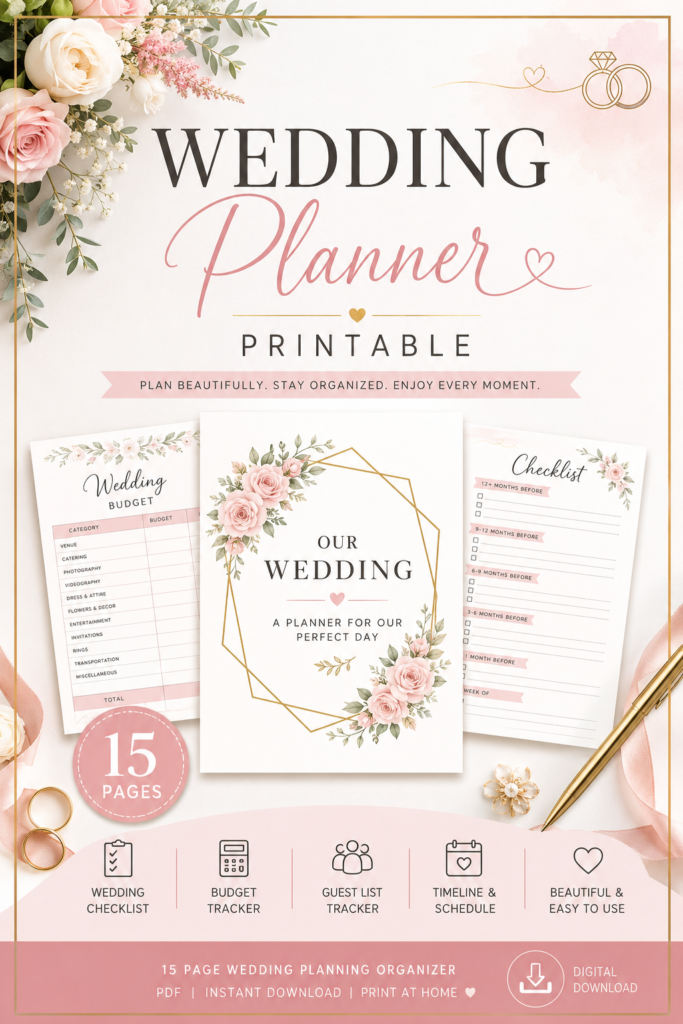Wedding Planner Printable, 12 Month Wedding Planning Checklist, Wedding Budget Planner, Guest List & RSVP Tracker, Bridal Planner PDF